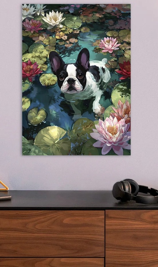 Dog in Lily Pond Painting — metal poster wall art by Lineer